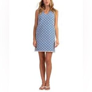 Trina Turk Blue and White Geometric Sleeveless Dress Sz10
